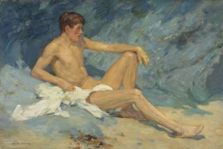 Henry Scott Tuke, R.A. - A Male Nude Reclining On Rocks