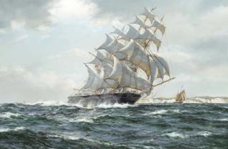 Henry Scott - The homeward run:  The tea clipper Crest of the Wave running up the Channel