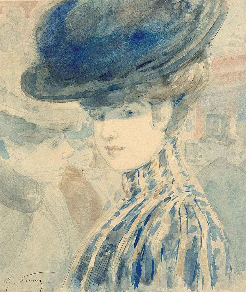Henry Somm - Portrait de femme au chapeau bleu