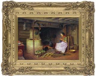 Henry Spernon Tozer - Knitting beside the kitchen hearth
