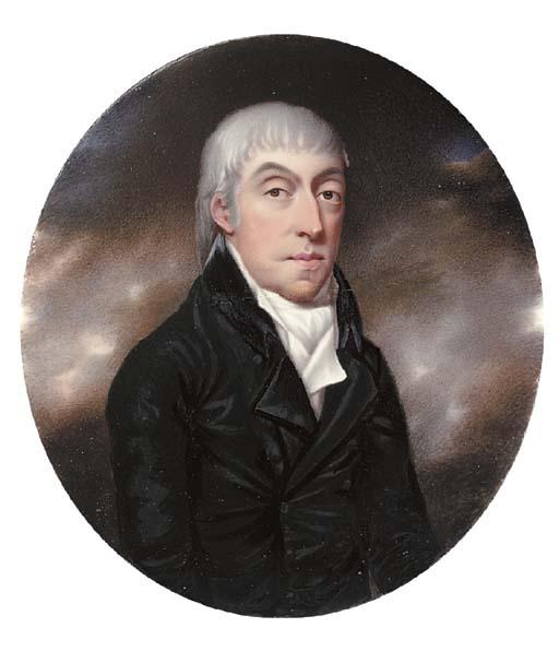 Henry Spicer, F.S.A. - Henry Curry, facing right in black coat, white waistcoat and tied cravat, powdered hair