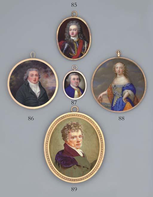 Henry Spicer - A Young Gentleman, In Blue Velvet Coat, Gold-Bordered Cream Waistcoat And Lace Cravat, Powdered Wig En Queue