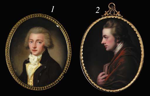 Henry Spicer - Ozias Humphry, R.A. (1742-1810), in profile to the left in claret coloured velvet cloak, white stock, clasping a book close to his chest in his right hand