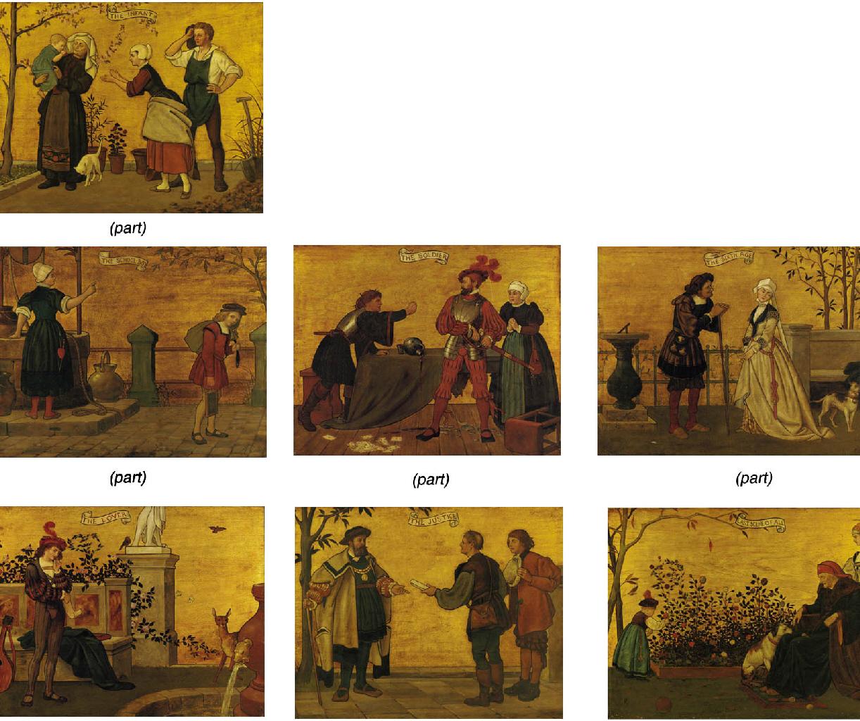 Henry Stacy Marks, R.A. - The Seven Ages: The Infant; The School Boy; The Lover; The Soldier; The Justice; The Sixth Age; And The Last Scene Of All