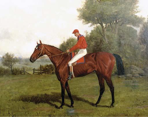 Henry Stull - A dark bay racehorse with jockey up in a landscape