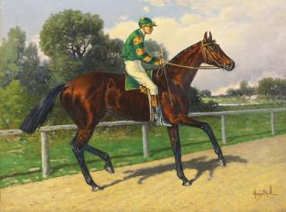 Henry Stull - Bay With Jockey Up In Green And Yellow Silks
