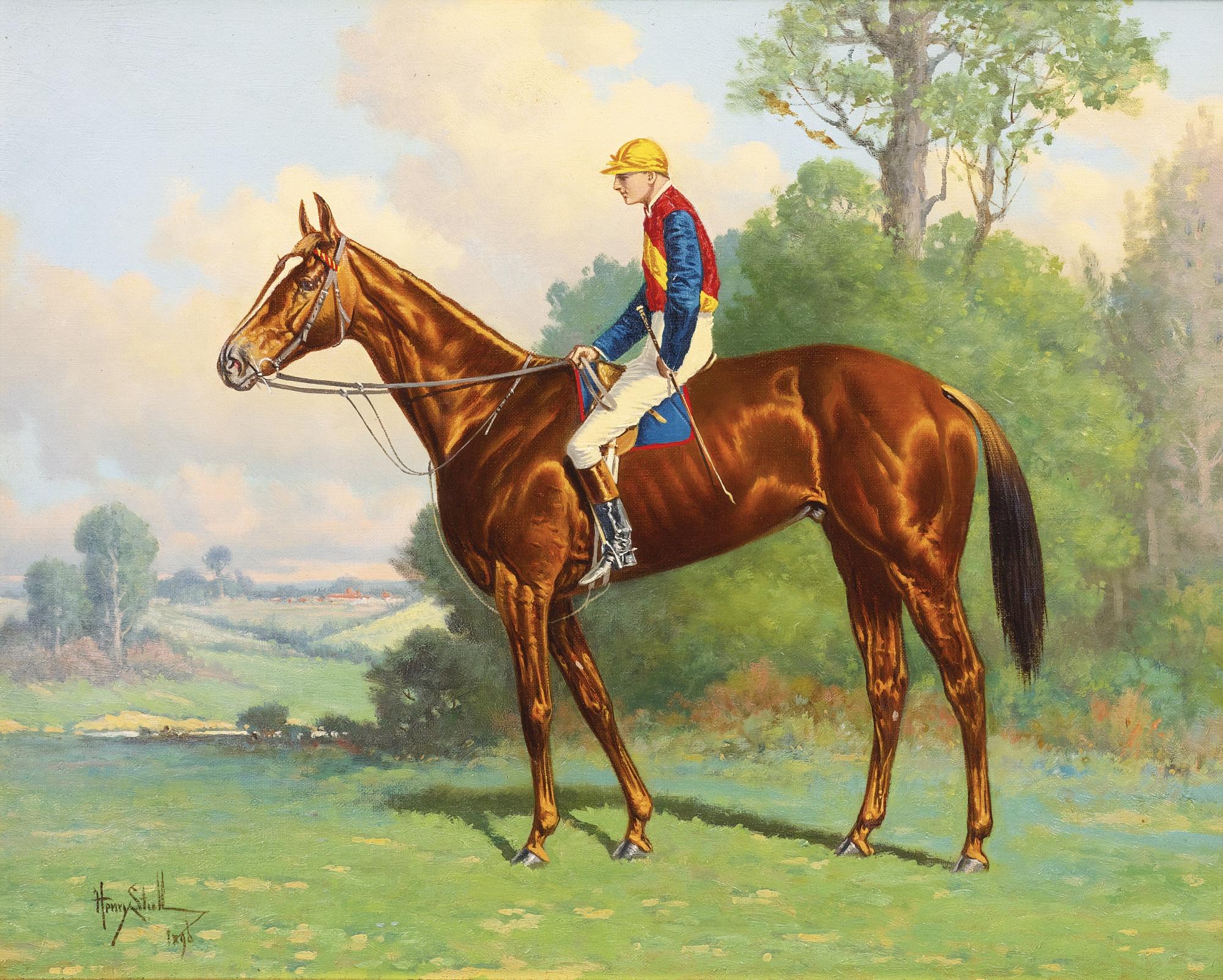 Henry Stull - Jockey Up On Bay Horse In Blue, Yellow, And Red Silks