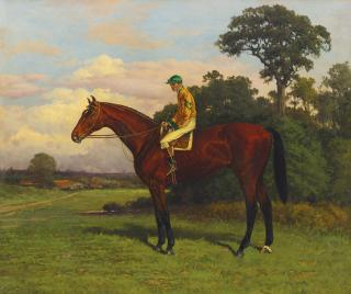 Henry Stull - Jockey Up On Bay In Green And Yellow Silks