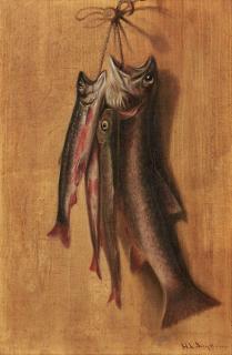 Henry Suydam - Trompe l\'Oeil Still Life of Hanging Trout 18 x 12 in.