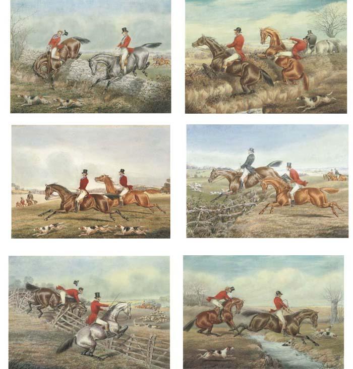 Henry Thomas Alken, Sen. - A Good Hold of His Head; A Cut At The Brook; Negotiating A Stone Wall; Clerical And Lay; A Customer And How To Rid of Him; And Heads Up And Sterns Down