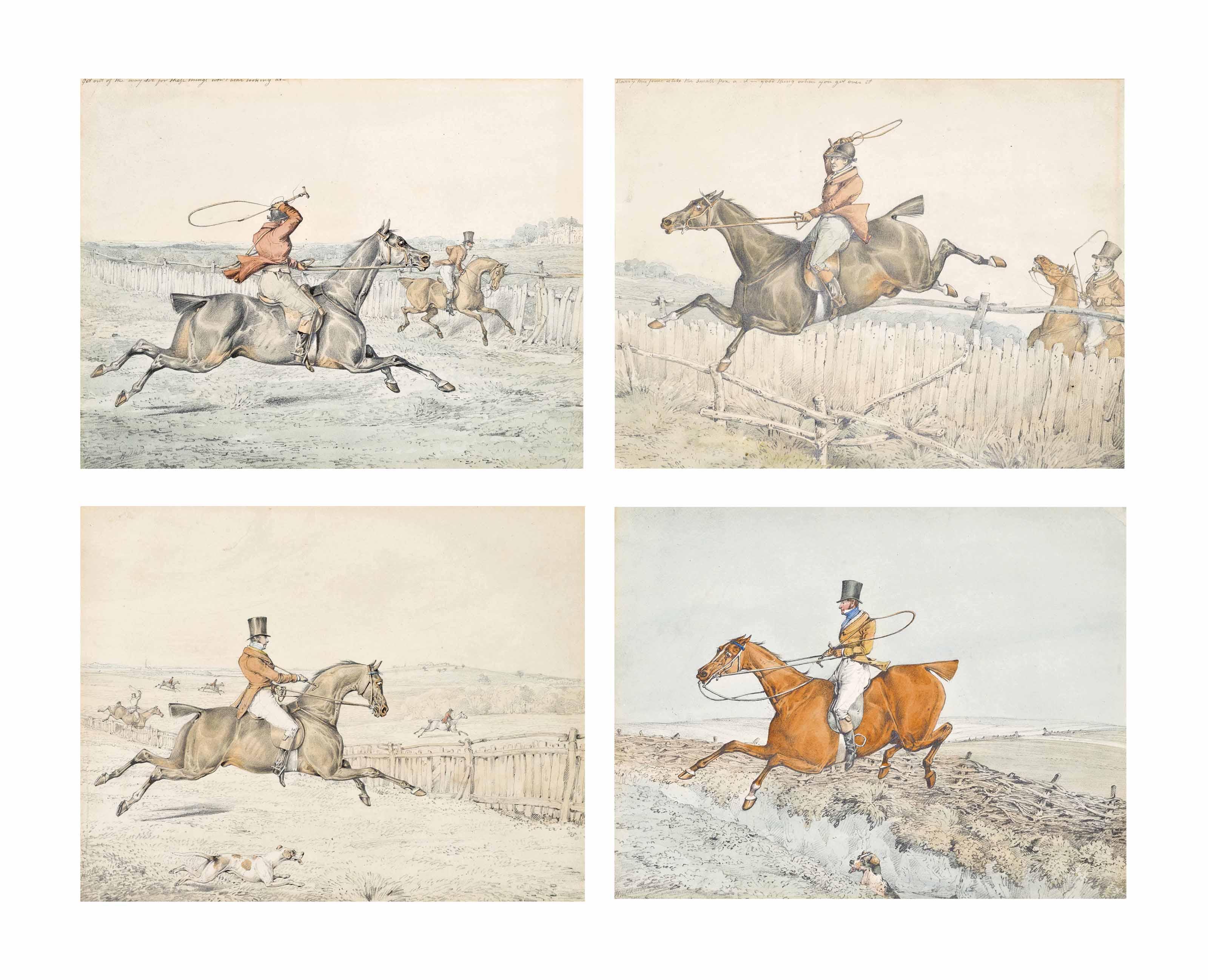 Henry Thomas Alken - Get out of the way Sir; This fence is like small pox; Clearing the ditch; and Across the fields