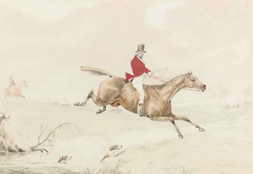 Henry Thomas Alken - Three hunting scenes comprising: Crossing the brook (illustrated); On the scent; and In at the death