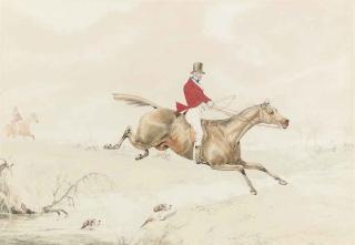 Henry Thomas Alken - Three hunting scenes comprising: Crossing the brook (illustrated); On the scent; and In at the death