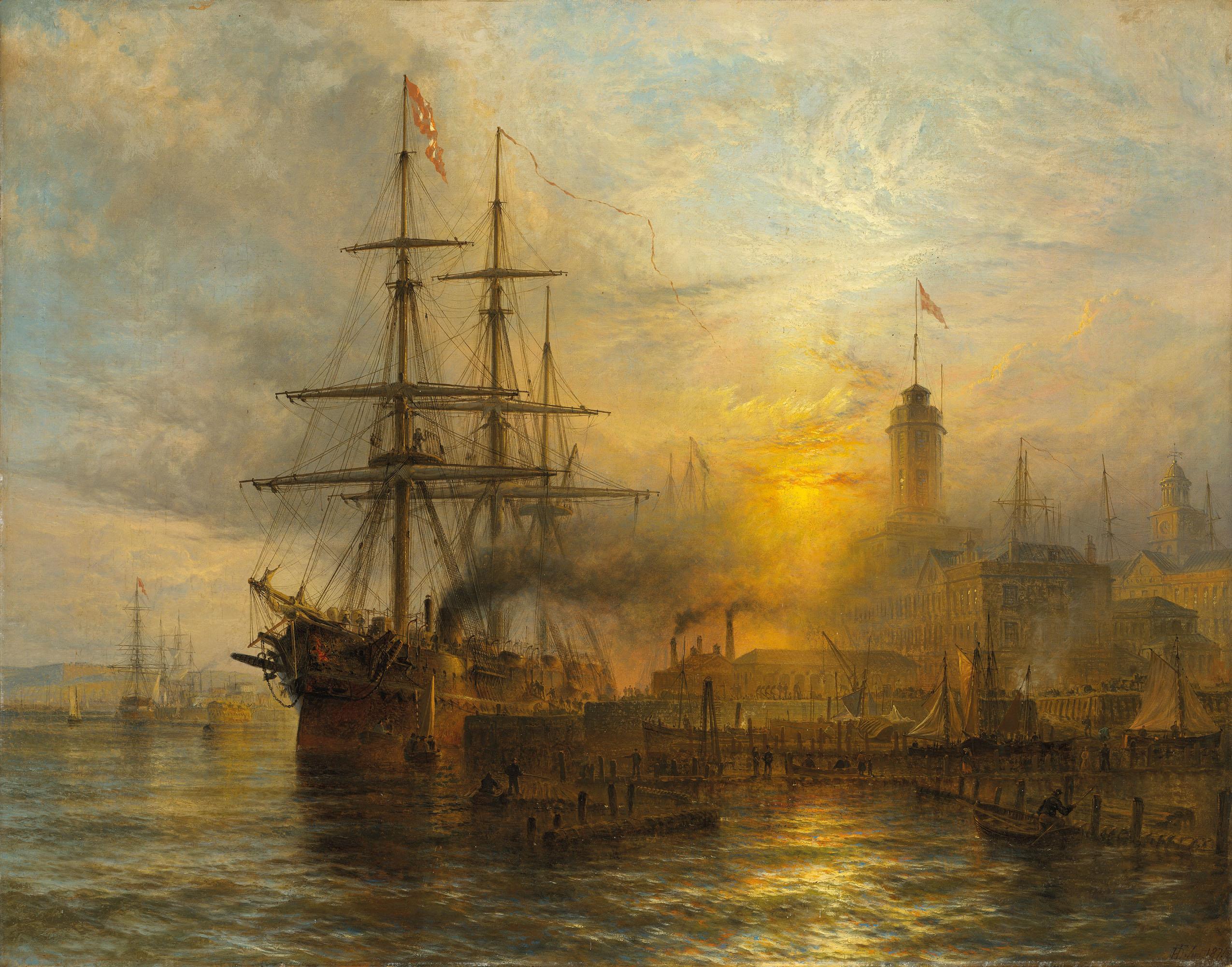 Henry Thomas Dawson - A Danish steamer moored alongside a busy dock