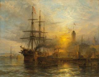 Henry Thomas Dawson - A Danish steamer moored alongside a busy dock