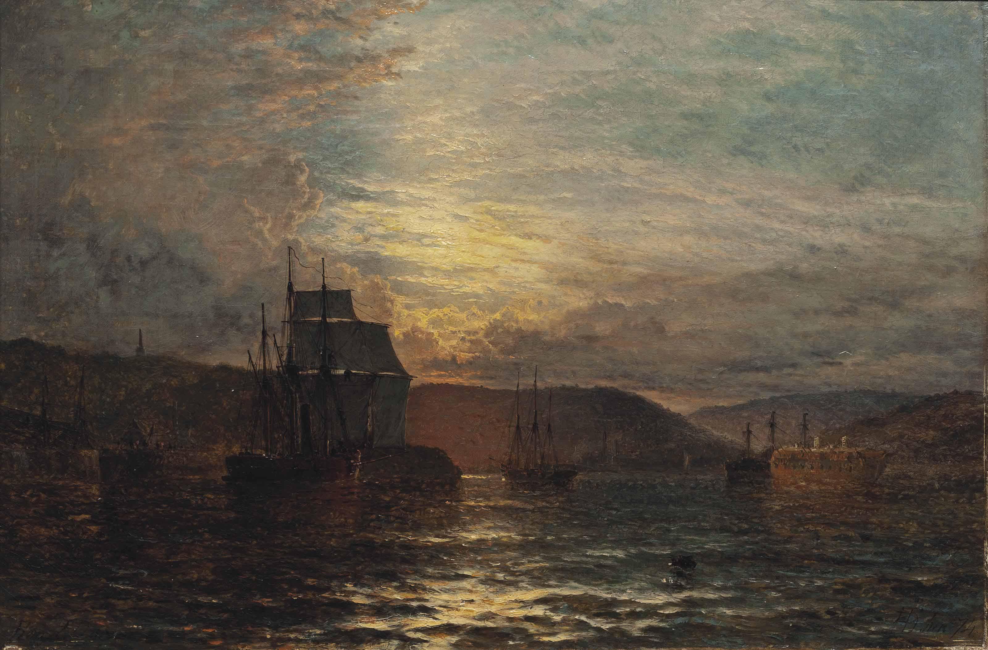 Henry Thomas Dawson - A screw steamer and other vessels moored by a harbour wall, a prison hulk beyond