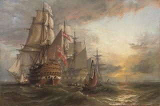 Henry Thomas Dawson - A Squadron of Danish warships moored off the entrance to Portsmouth harbour, with the masts of shipping in the harbour in the distance