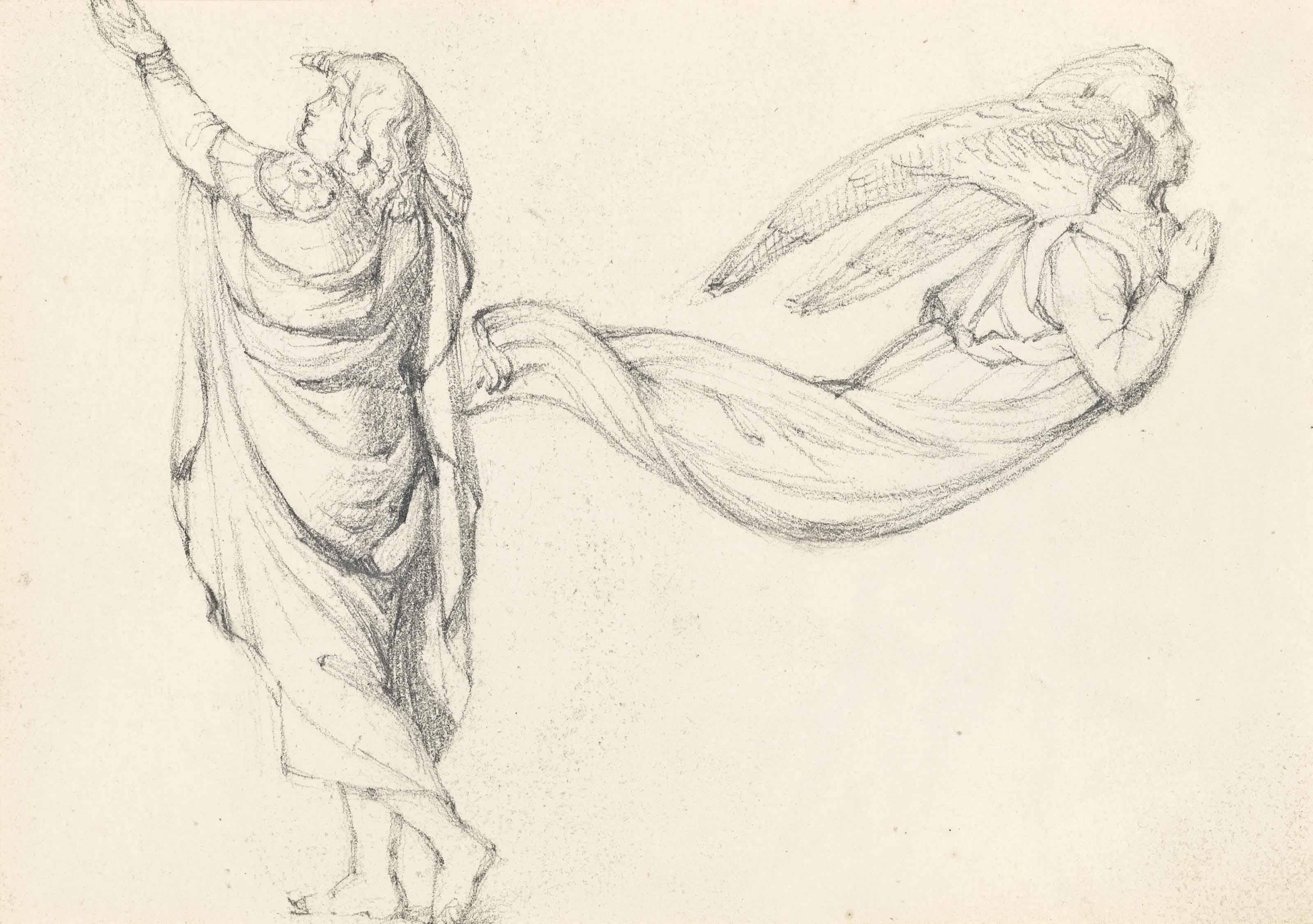 Henry Wallis, R.W.S. - A figure study with an angel (recto) (illustrated) and mother and child (verso)