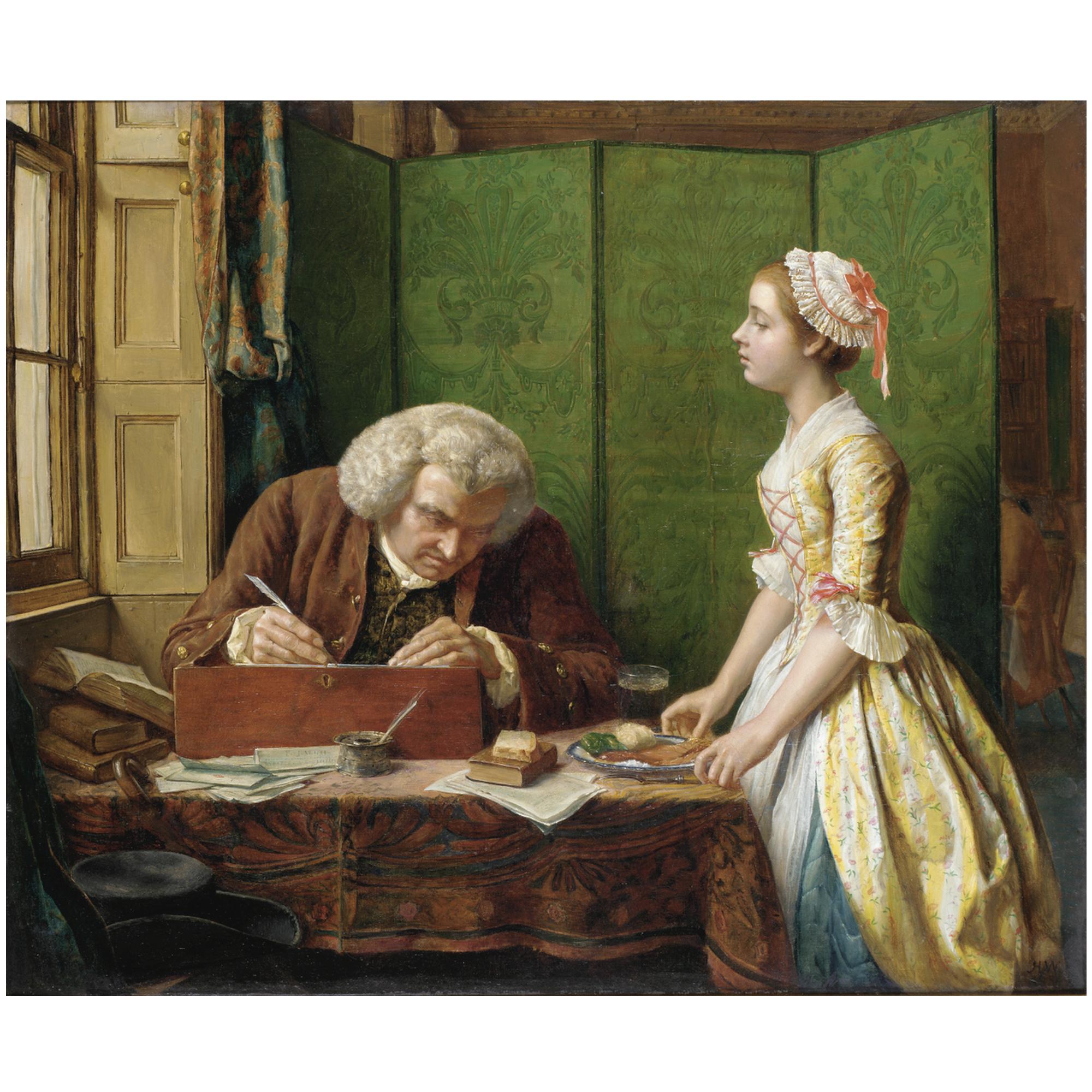 Henry Wallis - Dr Johnson At Cave\'S, The Publisher. Johnson, Too Ragged To Appear At Cave\'S Table, Has A Plate Of Victuals Sent To Him Behind The Screen. Vide Boswell