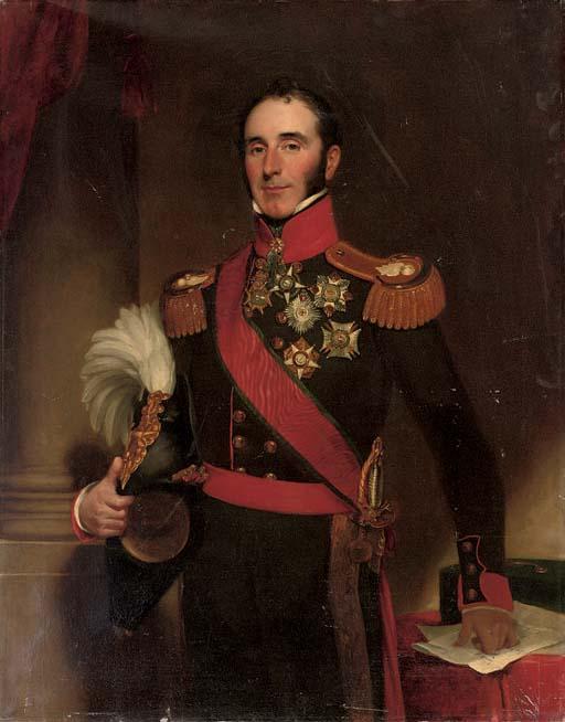 Henry William Pickersgill, R.A. - Portrait of Sir John Conroy, 1st Bt. (1786-1854), three-quarter-length, in the uniform of the Royal Artillery, holding a plumed helmet in his right hand, by a pillar