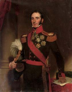 Henry William Pickersgill, R.A. - Portrait of Sir John Conroy, 1st Bt. (1786-1854), three-quarter-length, in the uniform of the Royal Artillery, holding a plumed helmet in his right hand, by a pillar