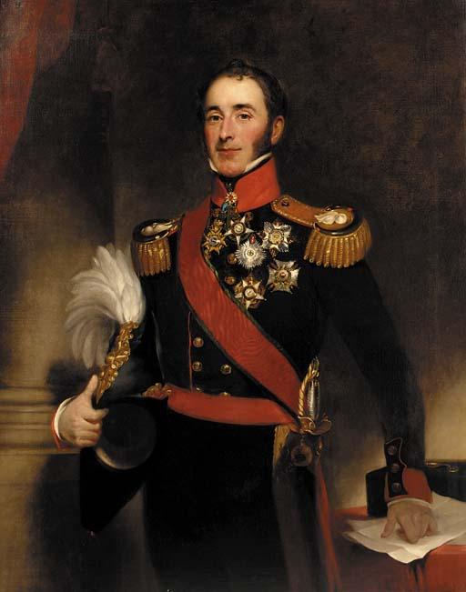 Henry William Pickersgill, R.A. - Portrait of Sir John Conroy, Bt. (1782-1875), standing three-quarter-length, in full military uniform, his left hand resting on papers on a table, in an interior