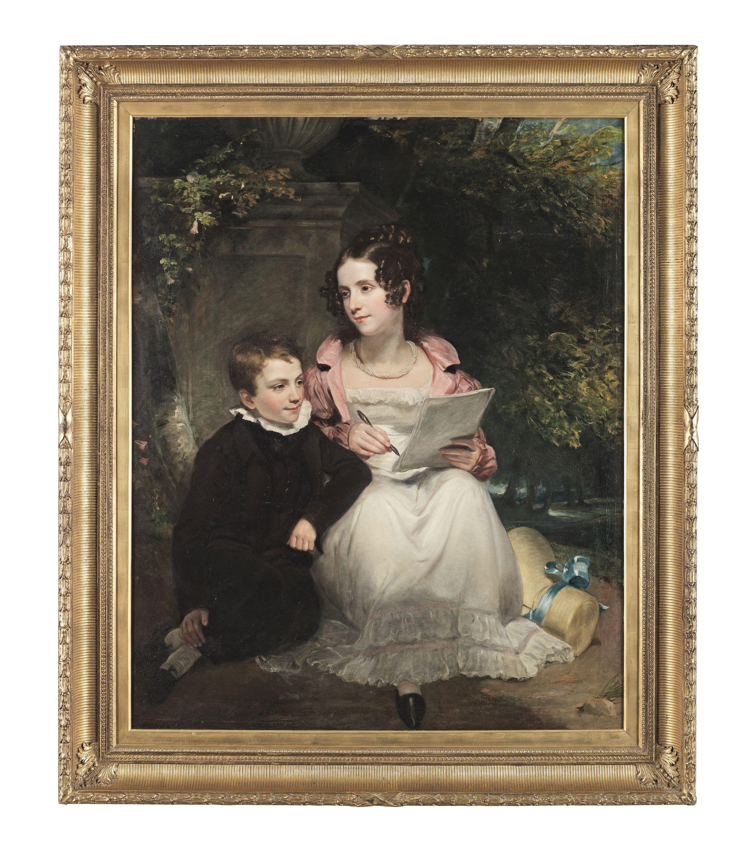 Henry William Pickersgill RA - The Countess of Clanwilliam and her brother, seated in a garden, writing a letter