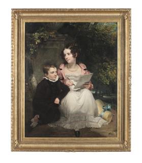 Henry William Pickersgill RA - The Countess of Clanwilliam and her brother, seated in a garden, writing a letter