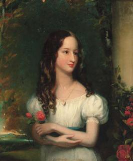 Henry William Pickersgill - Portrait of Merelina Tindal (1815-1852), half-length, in a white dress with blue sash, holding a rose, a landscape beyond