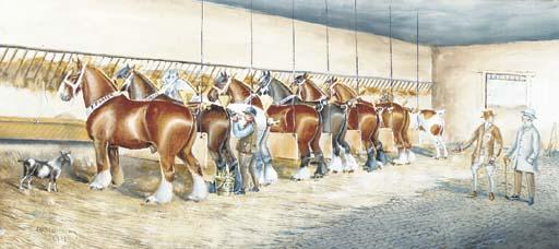 Henry William Standing - Shire horses in a stable