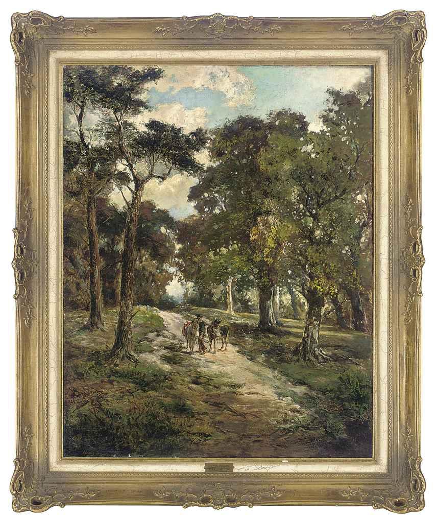 Henry Woods, R.A. - A traveller with two donkeys on a wooded path