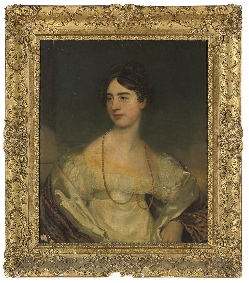 Henry Wyatt - Portrait of a lady, half-length, in a white silk and lace dress with a gold necklace