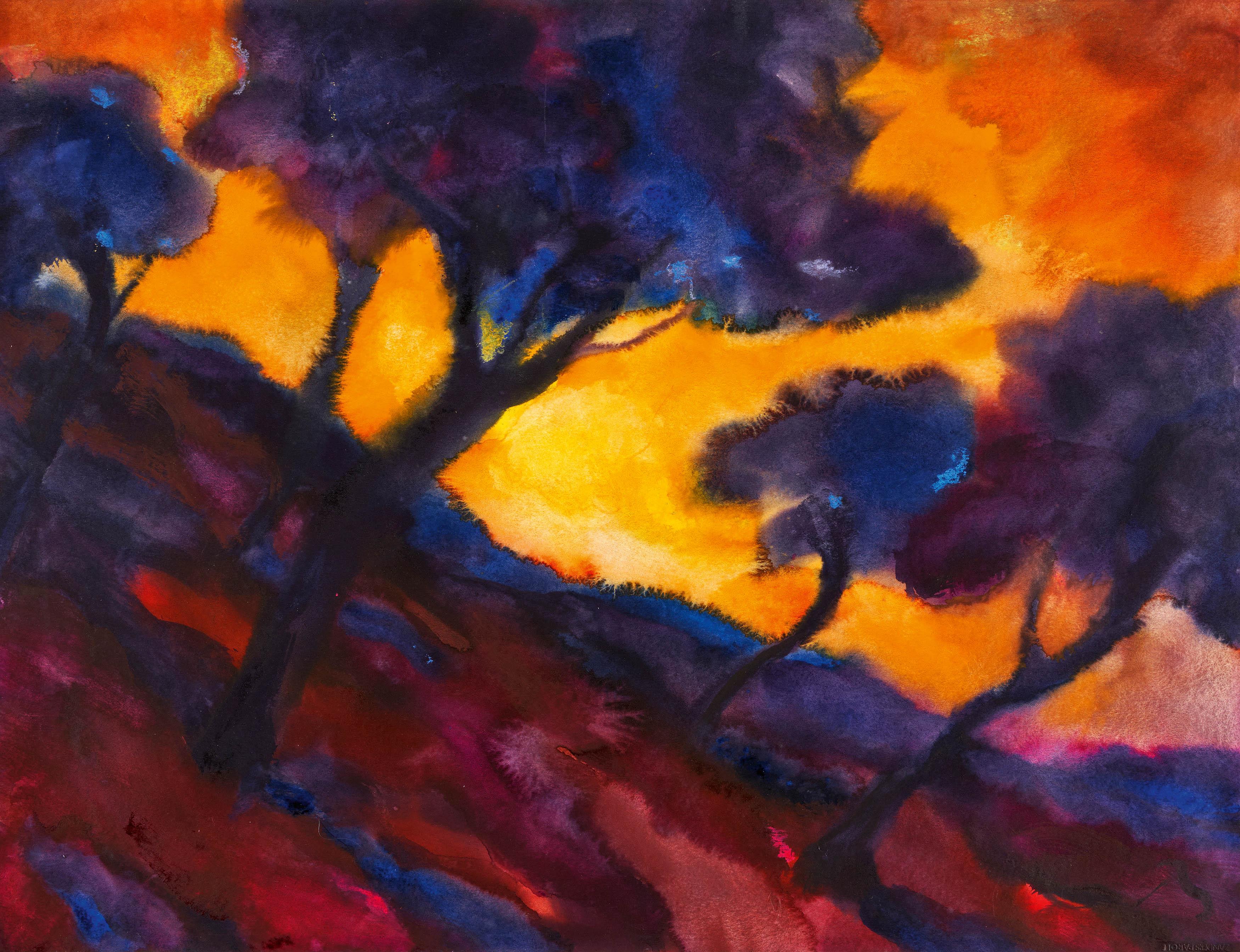 Herbert Beck - Landschaft mit Bäumen in der Abendsonne