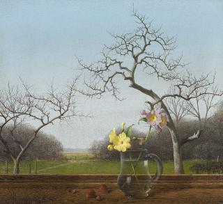 Herbert Böttger - Blumenstillleben mit Haselnüssen vor Fenster