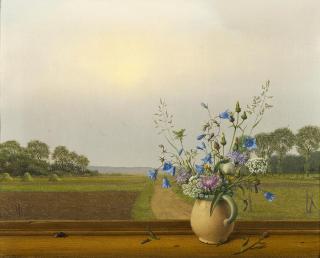 Herbert Böttger - Wiesenblumenstrauß im Krug mit Biene vor Fenster