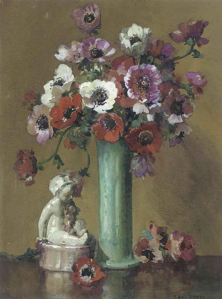 Herbert Davis Richter, R.I., R.W.S. - White, red and purple anemones in a green vase