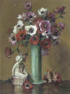 Herbert Davis Richter, R.I., R.W.S. - White, red and purple anemones in a green vase