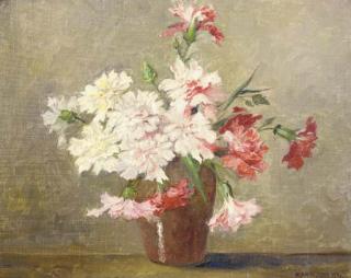 Herbert Davis Richter - Pink and white carnations in a vase