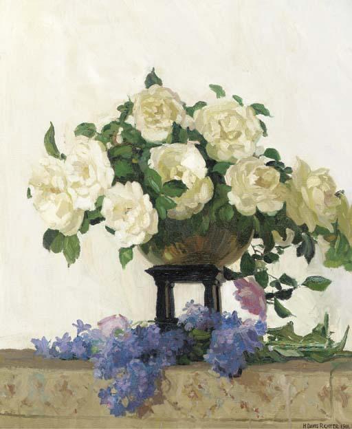Herbert Davis Richter - White roses and lilac on a ledge