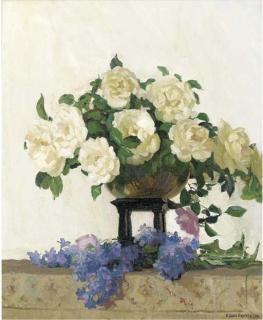 Herbert Davis Richter - White roses and lilac on a ledge