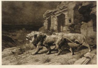 Herbert Dicksee - Lions before temple ruins