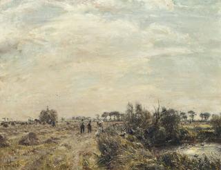 Herbert F. Royle - Harvesters In A Field And Fishermen By A Pond