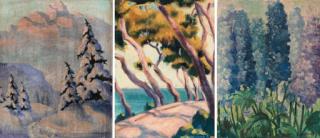 Herbert Gurschner - A frozen mountainous landscape; and Trees on a sunlit beach; and Delphiniums