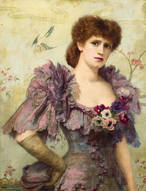 Herbert Gustave Schmalz - Portrait Of Lillie Langtry, Half-Length, In A Purple Dress With Poppies At Her Corsage