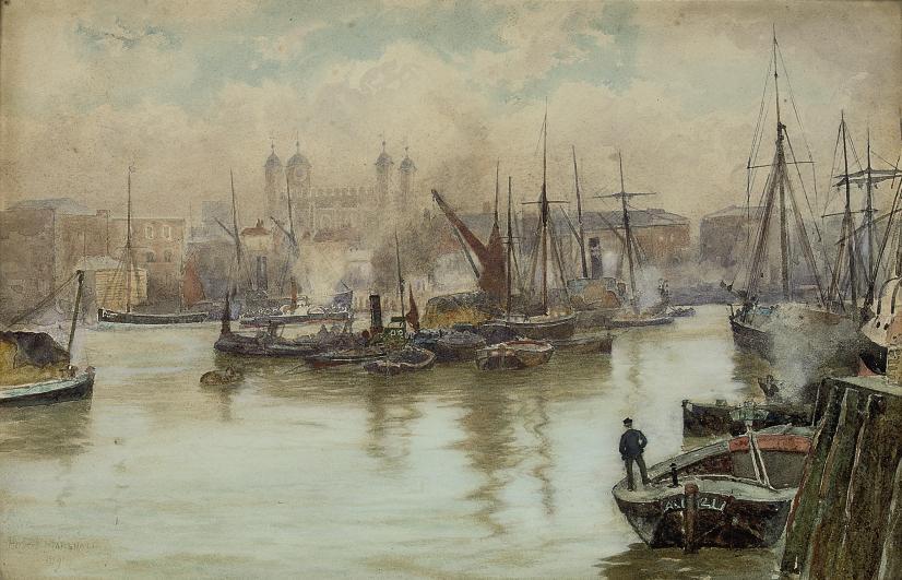 Herbert Menzies Marshall, R.W.S. - A busy day in the Pool of London before the Tower