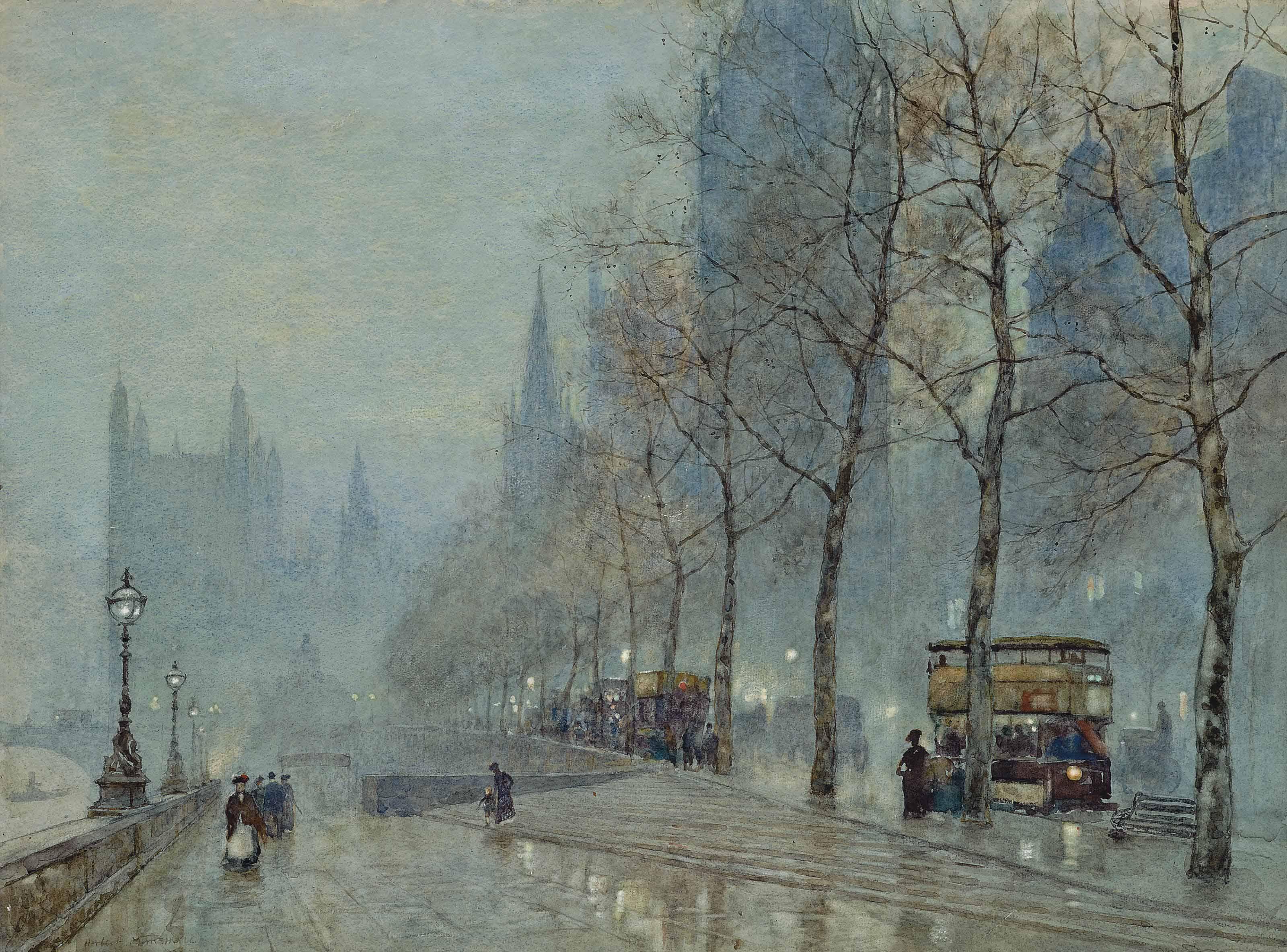 Herbert Menzies Marshall, R.W.S. - A winter\'s evening on the Embankment with the Houses of Parliament beyond