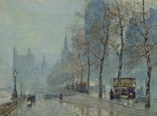 Herbert Menzies Marshall, R.W.S. - A winter\'s evening on the Embankment with the Houses of Parliament beyond