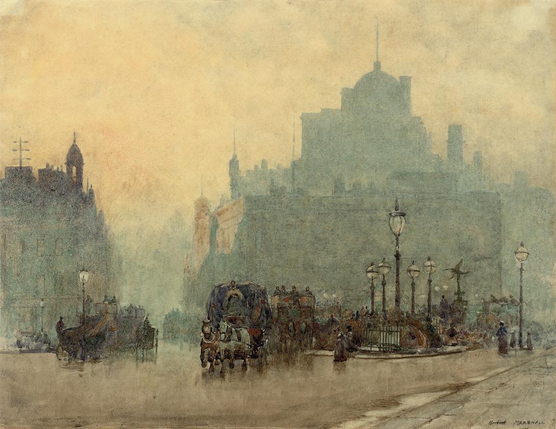 Herbert Menzies Marshall, R.W.S. - Omnibuses and figures at Piccadilly Circus at dusk