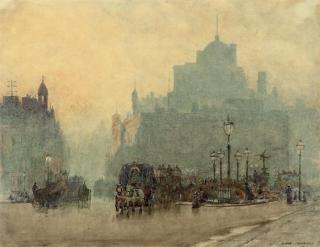 Herbert Menzies Marshall, R.W.S. - Omnibuses and figures at Piccadilly Circus at dusk