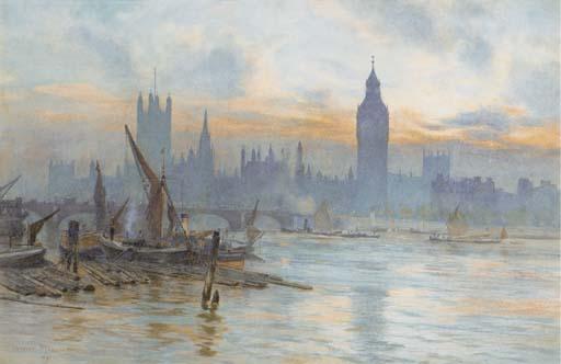Herbert Menzies Marshall, R.W.S. - The Houses of Parliament, from across the Thames